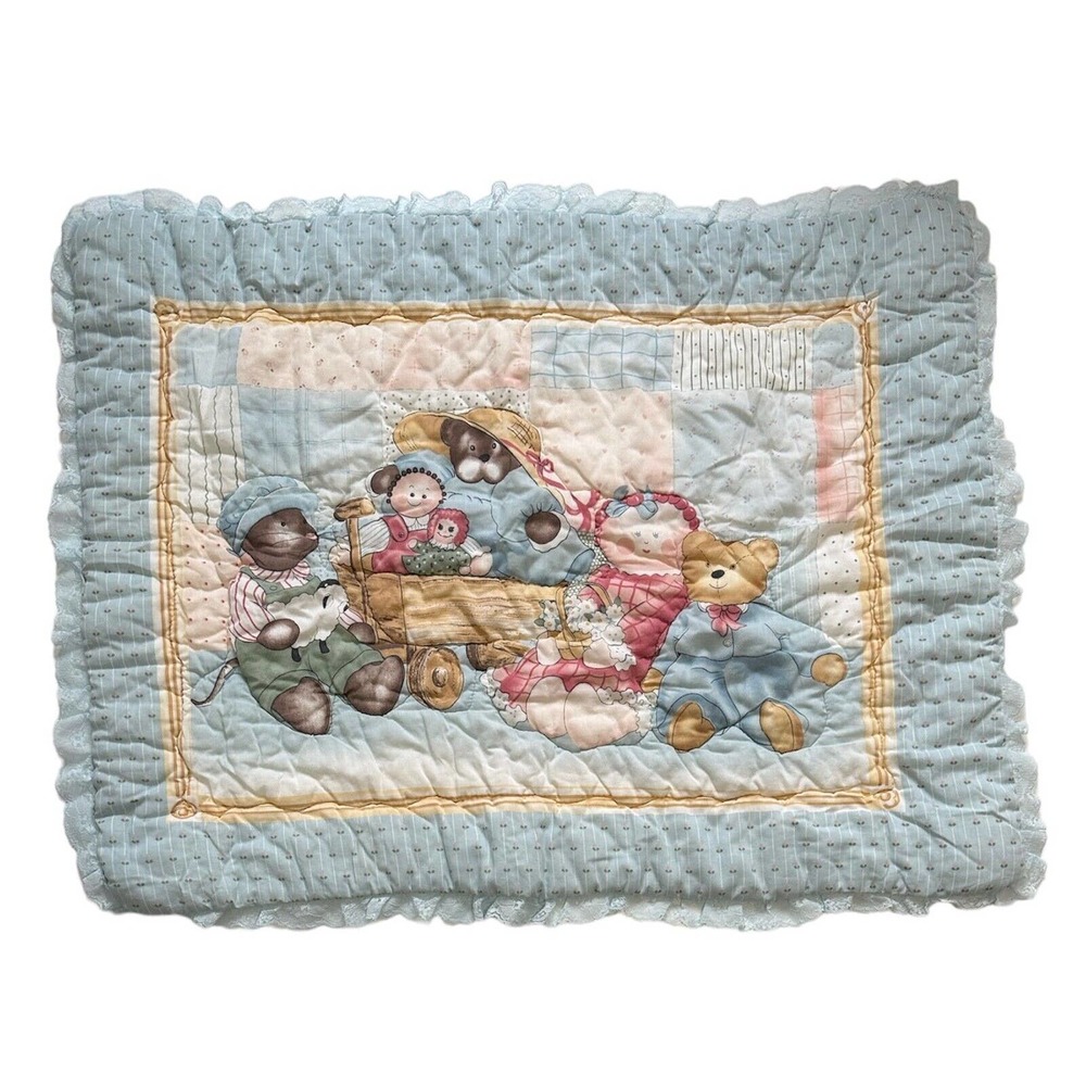 Bear Family Holding Raggedy Ann Wagon Blue Lace Quilt Baby Nursery Blanket